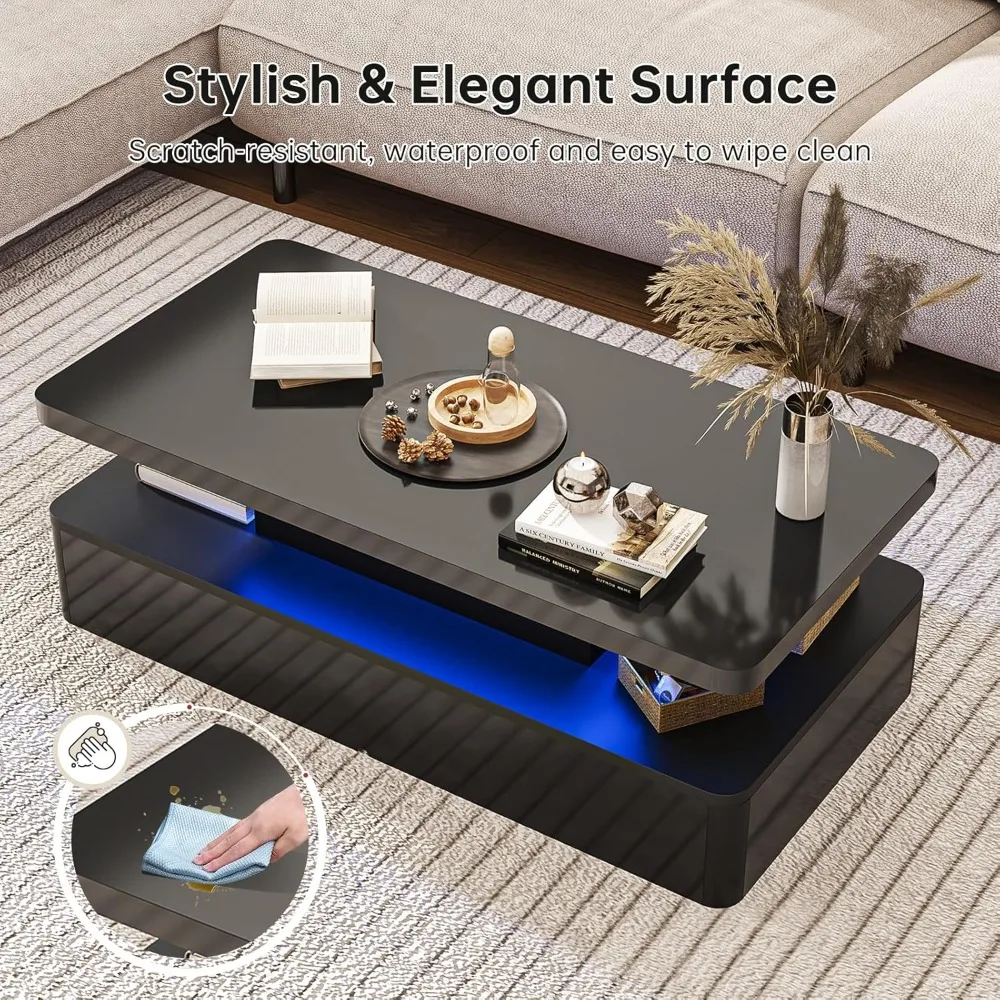 طاولة قهوة حديثة LED، 40 طاولة غرفة معيشة مع 16 مصباح LED ملون، تصميم مزدوج الطبقة، طاولة قهوة أنيقة