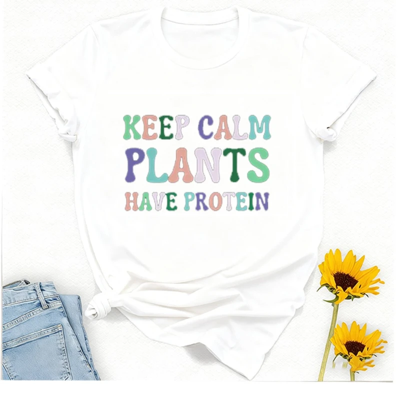 حافظ على الهدوء نباتيًا يحتوي على قميص بروتين تي شيرت نباتي هدية خطابات تي شيرت مطبوع بلايز Crewneck قطن عالي الجودة #3