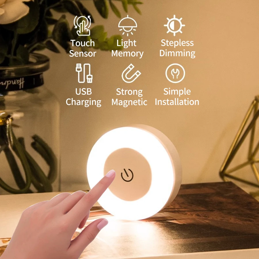 Rechargeable LED Book Light 6cm Diameter Reading Lamp with Touch Switch Night Light 3-Colors Dimmable Portable Cabinet Wall Lamp