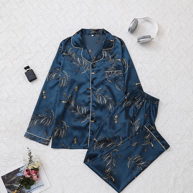 Autumn Blue Fun Prints Men's Pajamas Set Long Sleeve Turn-Down Korean-Style Casual 2 Piece Pajamas Set Collar Button Homewear