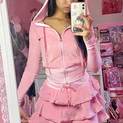 Skirt Suit Pink Velvet Hooded Jacket + Cake Skirt European And American Girls Casual Skirt Top Two-Piece Set