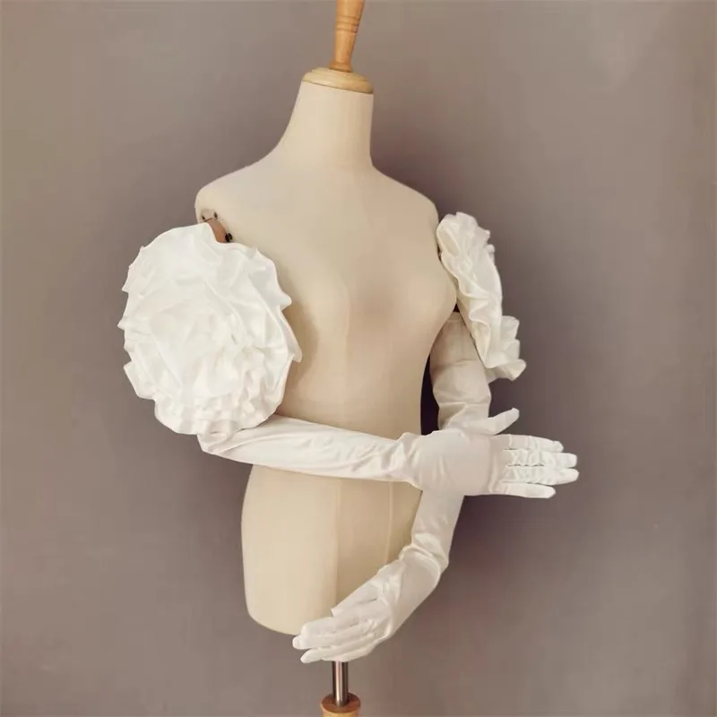 Satined Gloves Evening Galas Gloves with Large Flower Long Gloves Wedding Bride Gloves Formal Occasion Stage Props Gloves