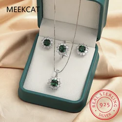 Flower Green Simulated Nano Emerald 925 Sterling Silver Ring+Necklace+Earring Halo Gemstone Jewelry Set for Women Party Gift