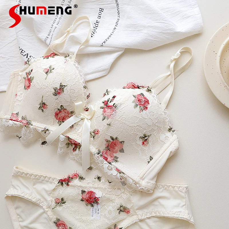 

Oil Painting Rose Pure Desire Bra Set Fairy Underwear Lingerie for Girl with Small Bust Women Push Up Wireless French Brief Suit