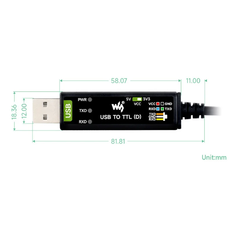 Waveshare Industrielles USB-zu-TTL-D) serielles Modulkabel FT232RNL 300 Bps-3 Mbit/s für Raspberry Pi 5 serielles Port-Debugging-Modul