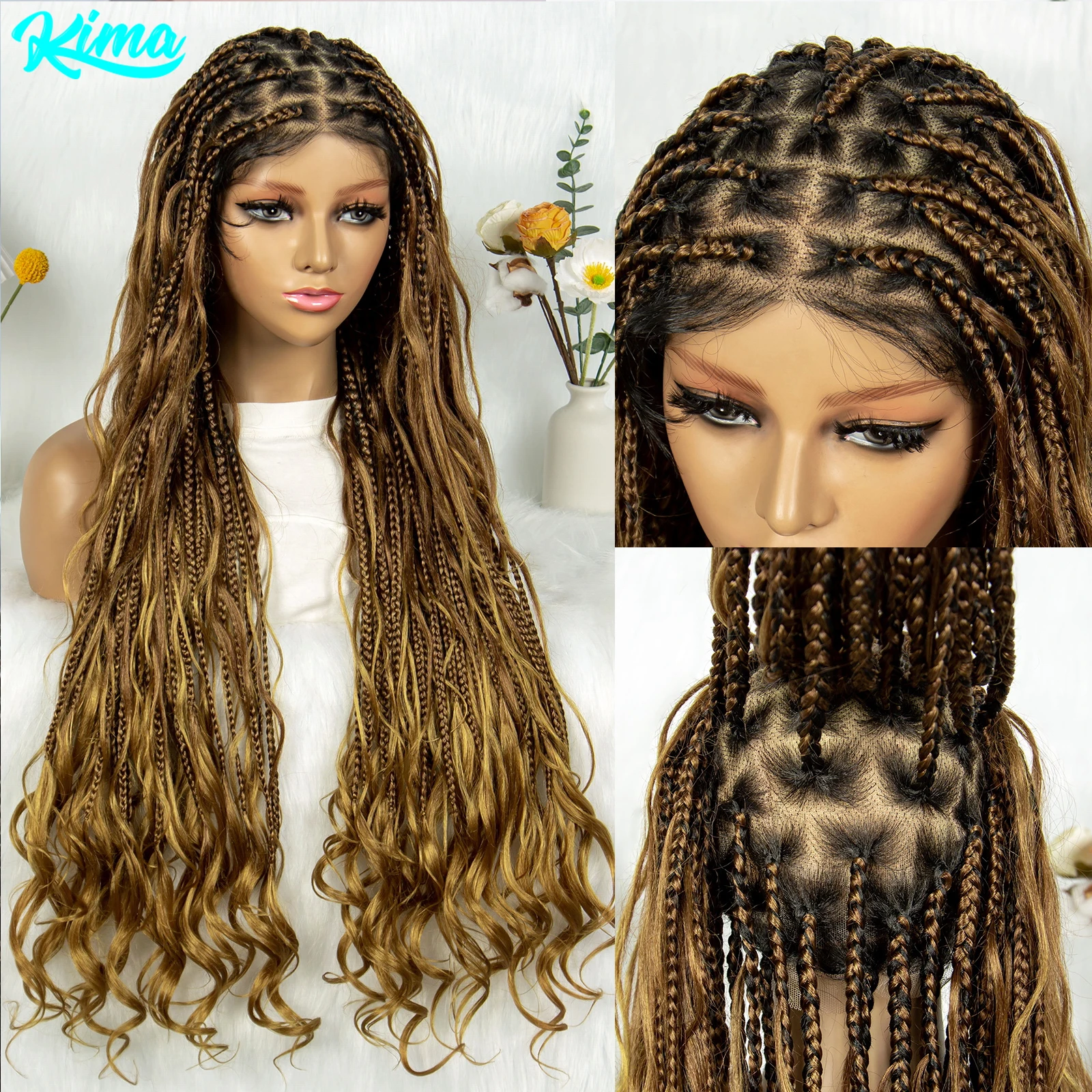 

Kima Синтетические полные кружевные плетеные парики Goddess Box Braids Wig Knotless Boho Braiding Wigs with Baby Hair для чернокожих женщин 34 дюйма