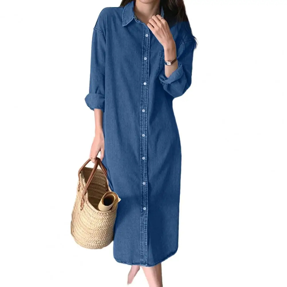 Vestido lisonjeiro de tamanho grande feminino, camisa jeans, manga comprida, botão, maxi vestido com bolso, casual para o verão para mulheres