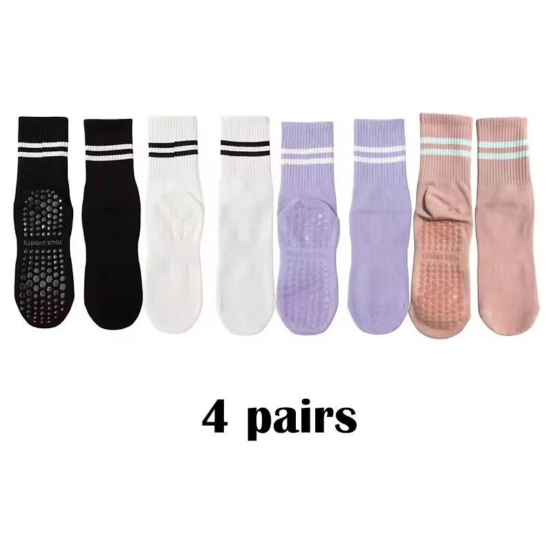 

4 Pairs Mid Tube Striped Yoga Socks, Non‑Slip Breathable Cotton Socks for Pilates & Dance