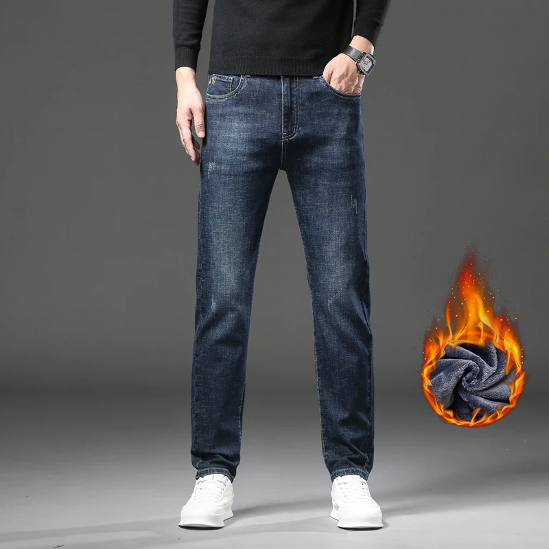 سميكة الصوف الجينز ملابس رجالية شتاء موضة جديدة خمر مستقيم تمتد مريحة الدافئة المخملية سراويل جينز #5