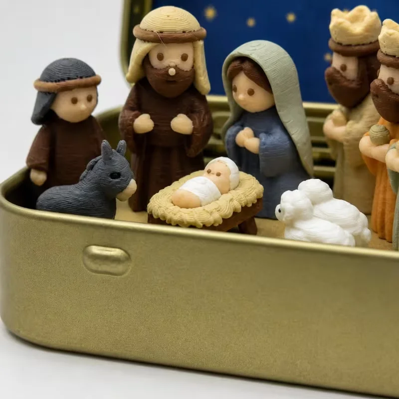 Mini Jesus Nativity Scene in Metal Tin Box, Holy Family, Three Wise Men, Shepherds & Animals, Christmas Religious Decor Gift