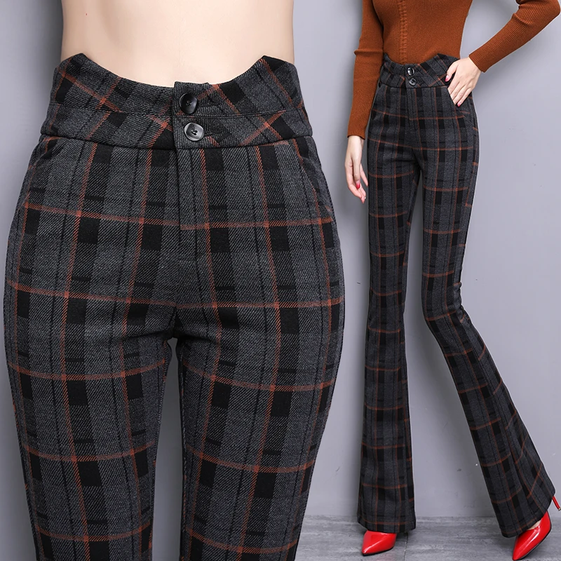 Thiened Woolen Hosen Hohe Taille Abnehmen Casual Hosen Retro Plaid Micro Ausgestelltes Hosen Winter Neue Ankunft Frauen Faion