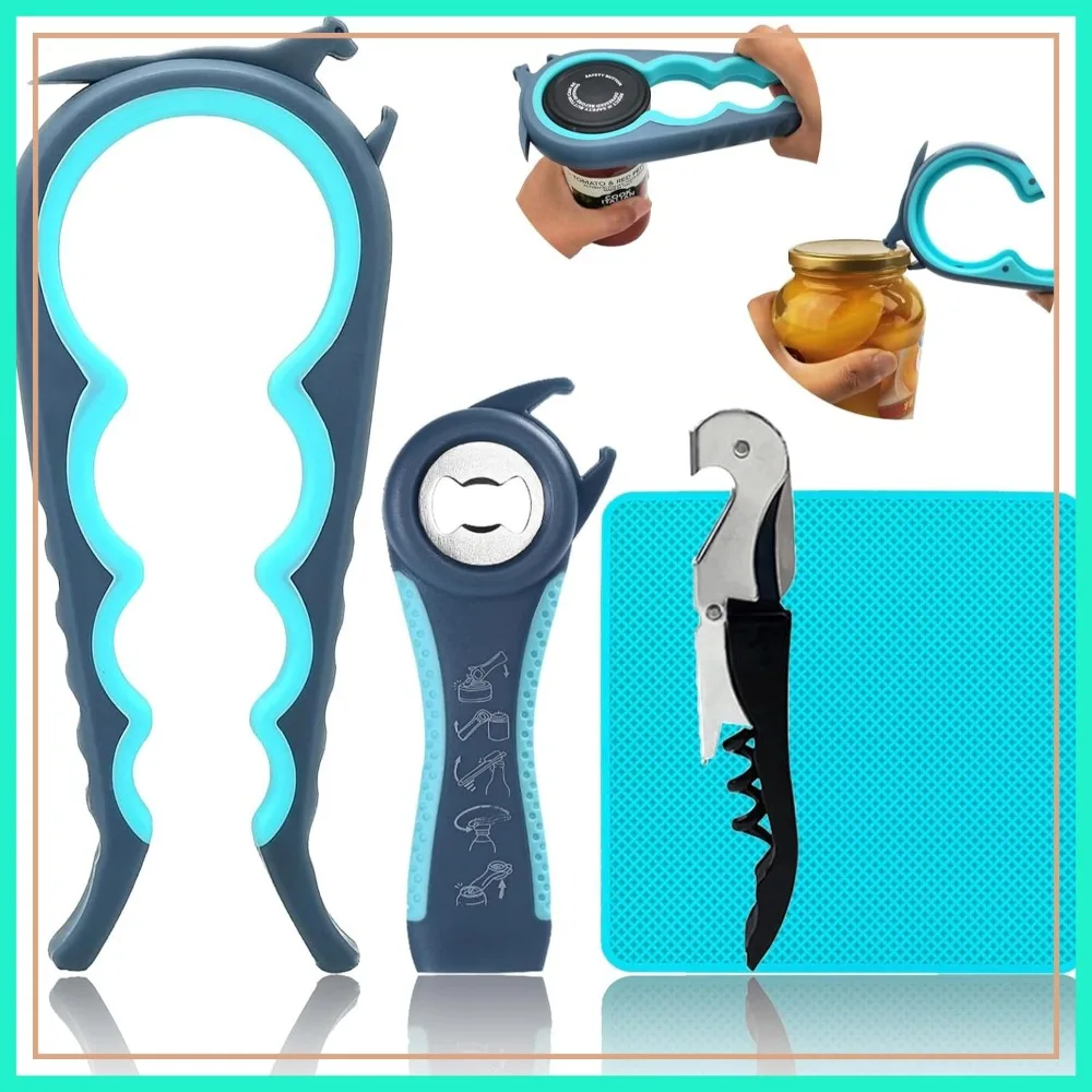 

Multi-Function Jar & Bottle Opener Set for Weak Hands, Seniors, Arthritis - Includes Lid Gripper, Corkscrew