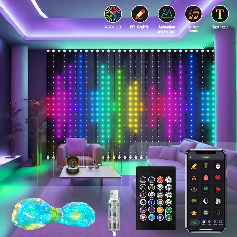 Inteligentne kurtyny świetlne Aplikacja świetlna DIY Obraz Tekst Wyświetlacz LED Inteligentne oświetlenie LED RGB Fairy Light RGBIC LED Sterowanie