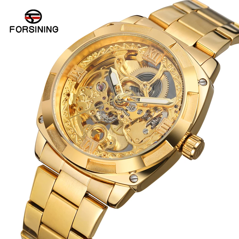 

FORSINING Automatic Men Watch Luxury Gold Tone Classic Cushion Case Steampunk Skeleton Mechanical Male Business Dress Wristwatch