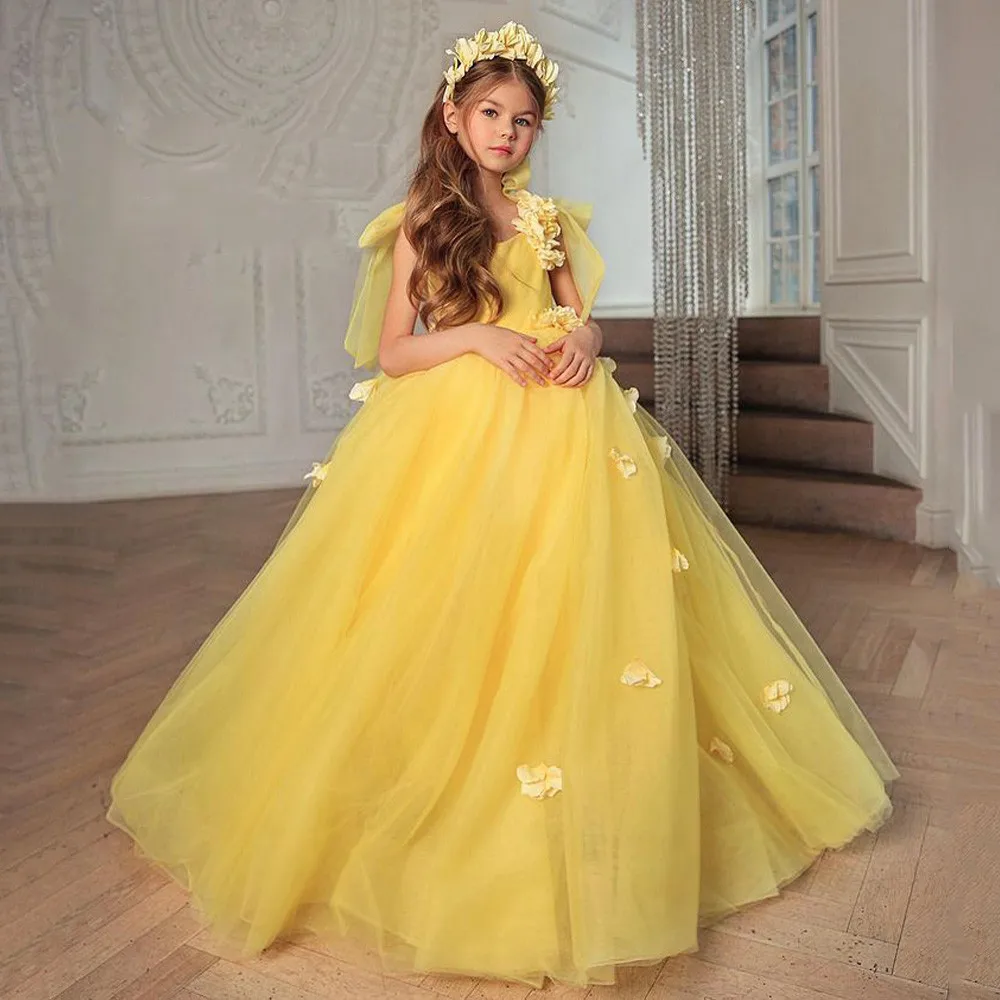 Vestido de baile amarillo de flores para niña, cuello redondo, sin mangas, lazo de flores, vestidos largos de primera comunión, Princesa, tul suave, desfile