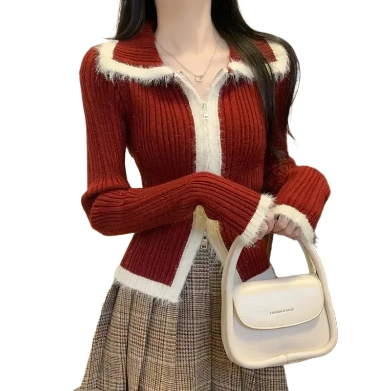 

Fall Winter Spliced Overcoat Short Knitted Base Shirt Women New Vintage Lapel Slim Fit Sweater Jacket Cropped Cardigan Top