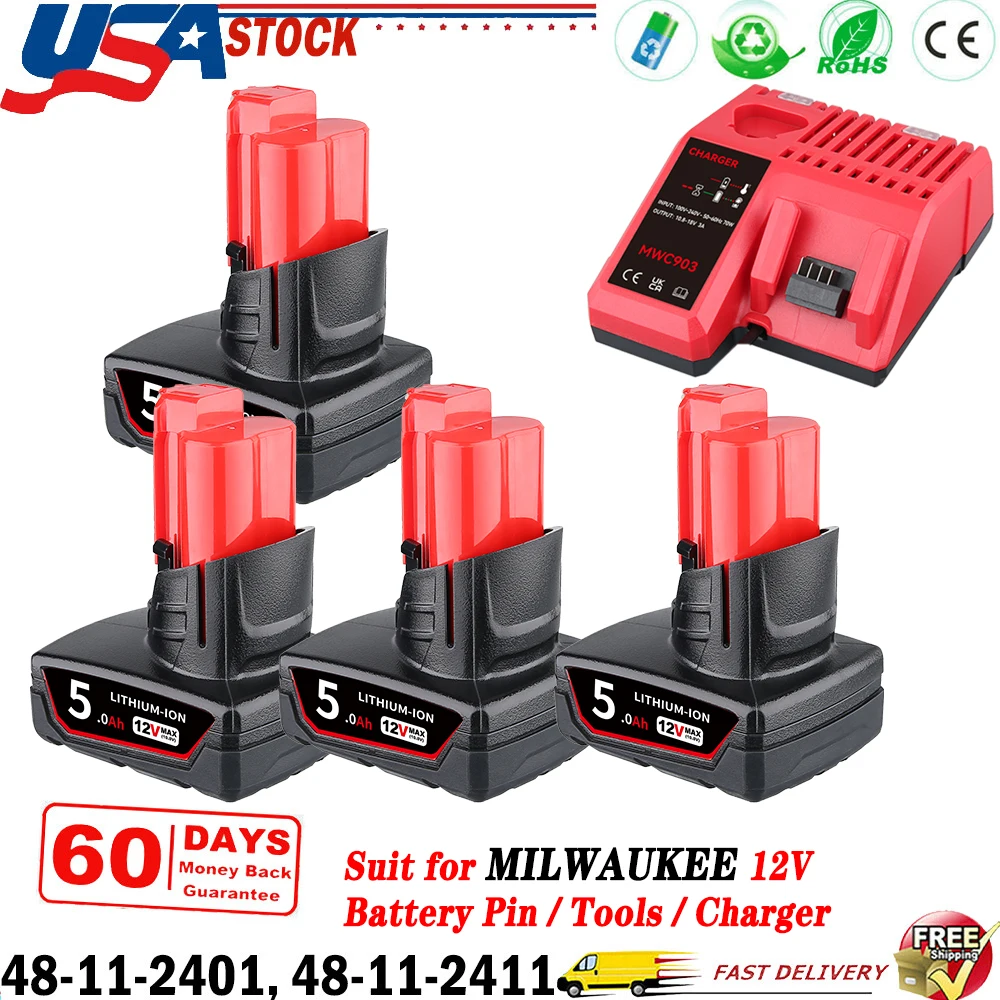 

1/2/4Pcs 5.0Ah M12 Replace for Milwaukee 12V Li-on Battery Pin,Suit for 48-11-2420 48-11-2440 Power Tool，with M12-18C Charger