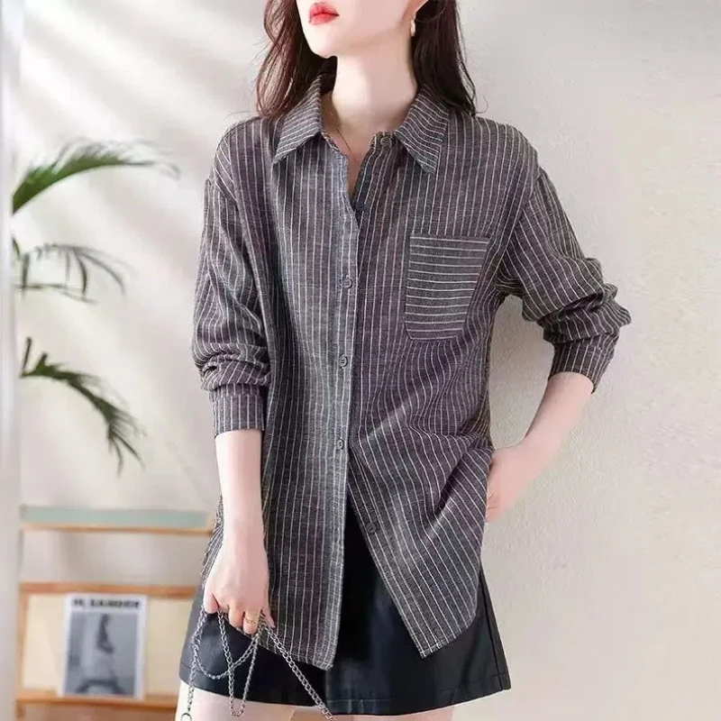 Retro Striped Women\'s Autumn 2024 New Patchwork Polo Collar Button Fashion Loose Pocket Minimalist Casual Long Sleeved Shirts