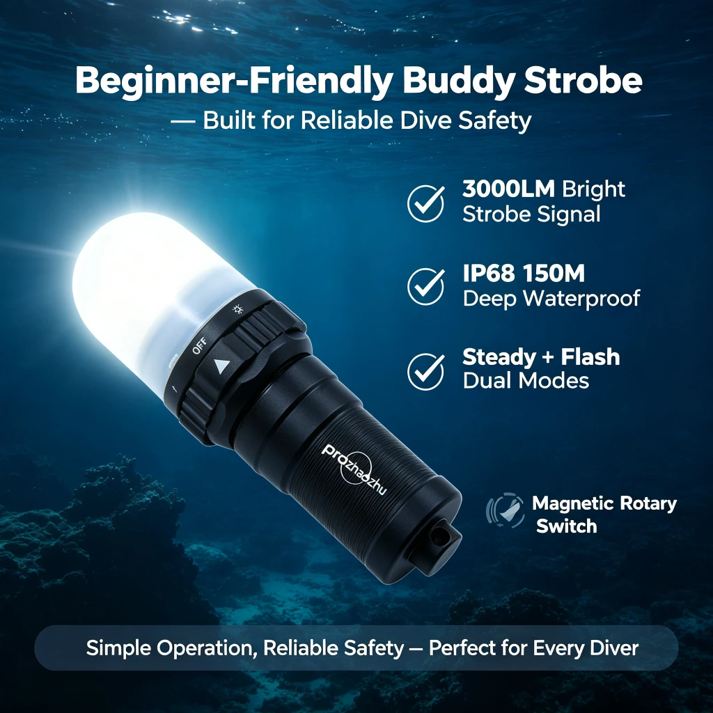 

PROZHAOZHU DL-XS02 3000LM Professional Underwater Signal Beacon IP68 150M Waterproof Rechargeable 26650 Scuba Strobe Light