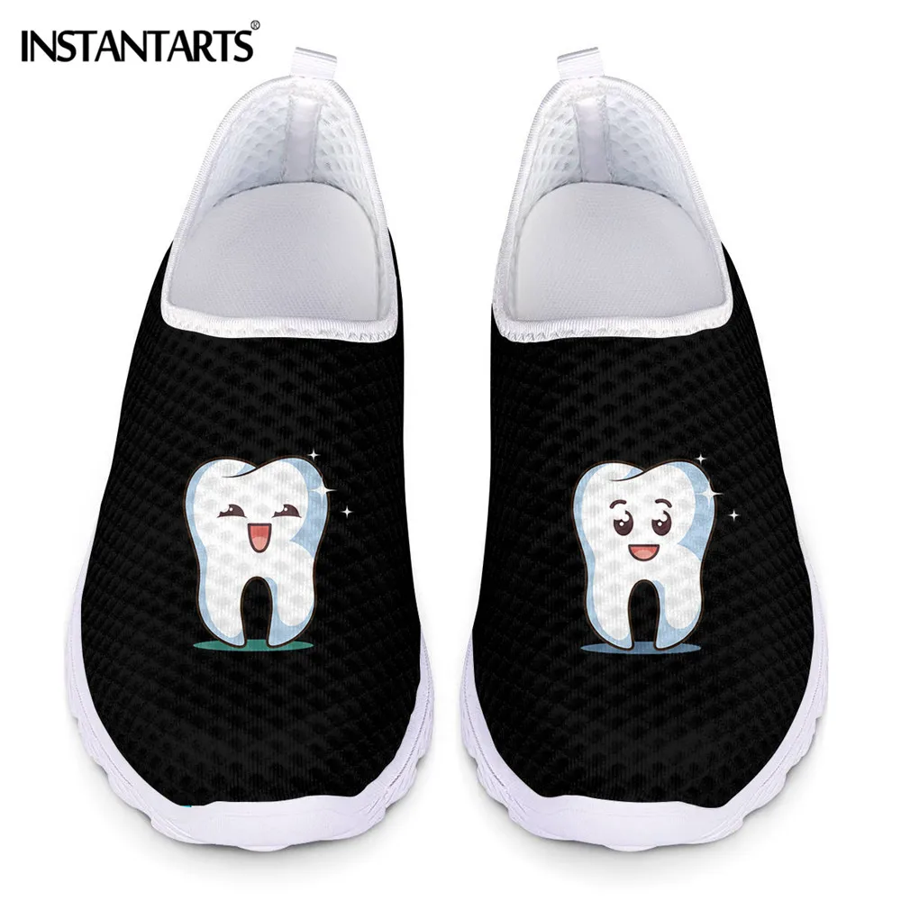 Lovely Cartoon Tooth Pattern Women Flat Shoes Breathable Mesh Slip On Sneaker For Laides Summer Beach Shoe Loafers