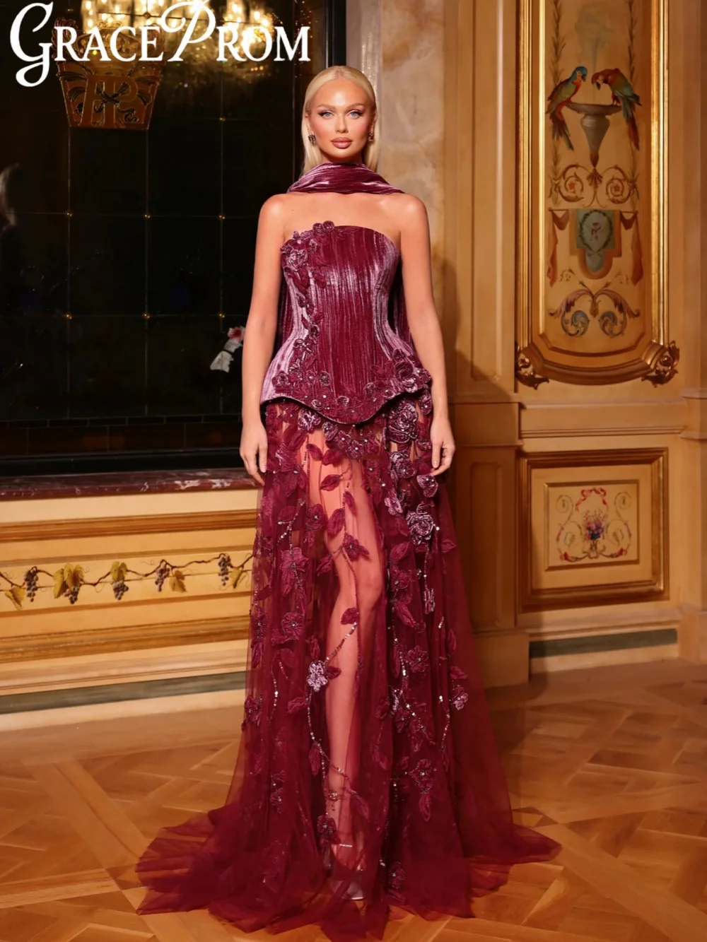 

With Corset Shinny 3D Floral Evening Dress Captivating Strapless A-line Wedding Party Gown Customized Illusion Banquet Dresses