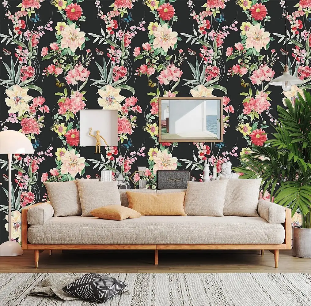 Vintage Red Floral Peel and Stick Wallpaper Pink Flowers Self Adhesive Removable Wallpaper Wall Stickers for Bedroom Cabinets