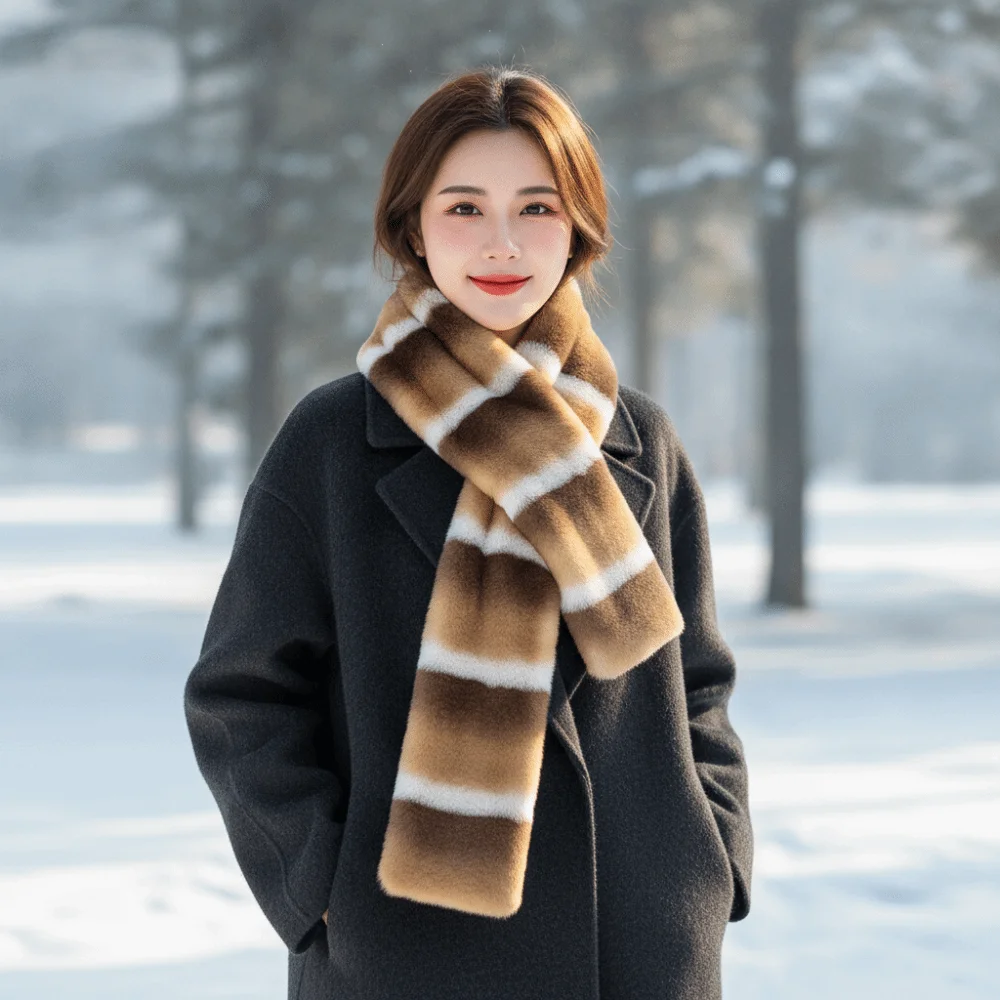 Fluffy Fleece Wrap Faux Striped Fur Scarf Thick Soft Long Muffler Elongated Washable Contrast Tippet Holiday Gifting