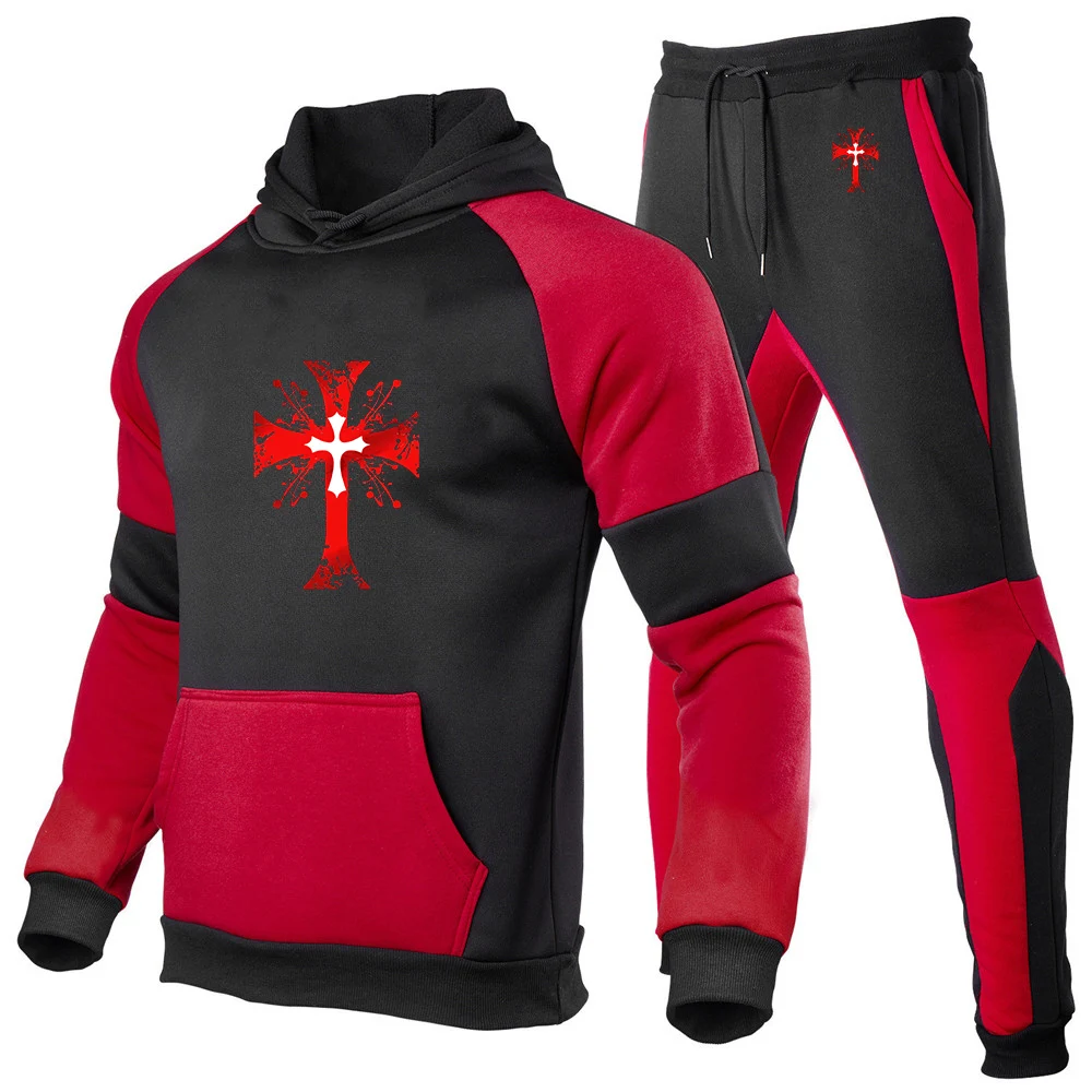 Man's 2025 Spring And Autumn Knights Templar Logo Print Simple Style Color Blocking Designer Pullover Hoodies Pants Suits