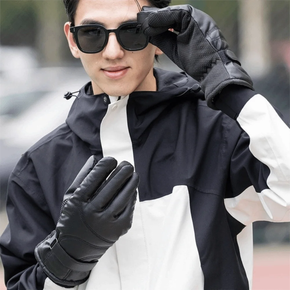 Gift Black Winter Ski Gloves Multifunction Keep Warm Men Leather Mittens Thickened Korean Style Driving Gloves Female