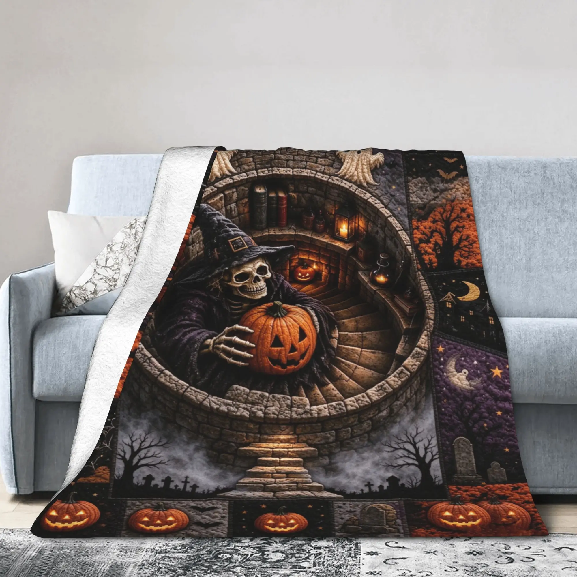 3D Illusion Halloween Blanket Fleece Decoration Witchy Ghost Breathable Ultra-Soft Throw Blankets Sofa Travel Plush Thin Quilt
