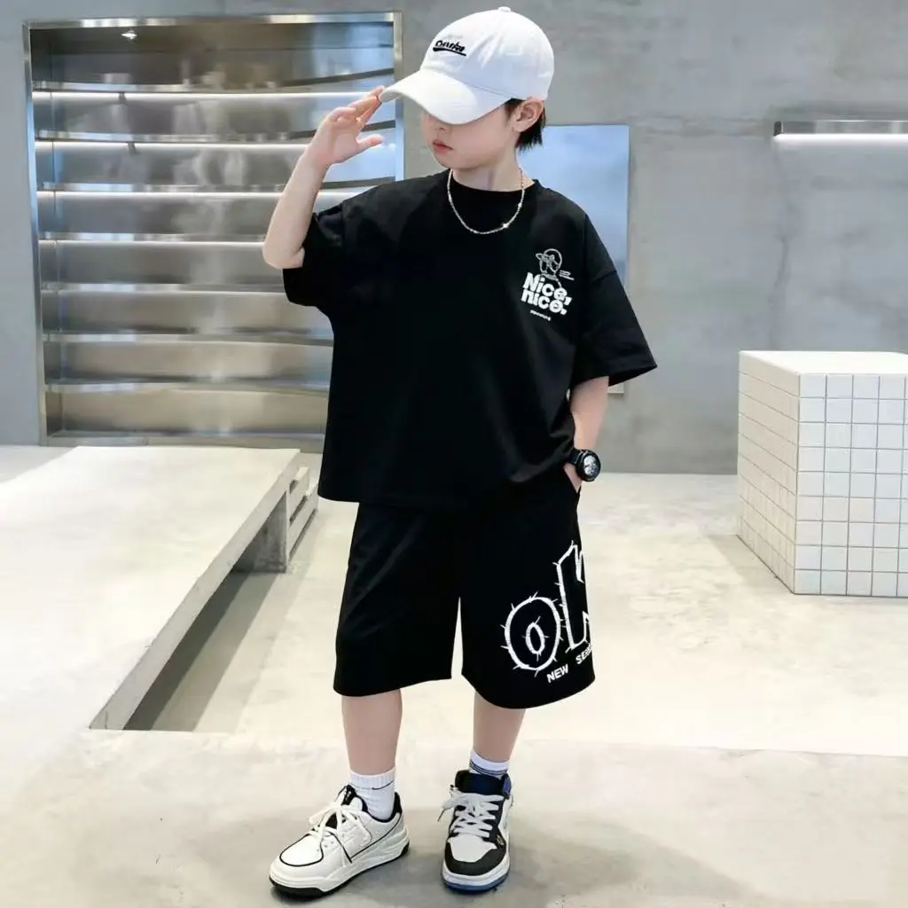 Cotton Summer Hip Hop Boys Clothes Set People T-Shirt + Shorts 2PCS Kids Outfits Sport Children Clothing Suits Teenage 4-14 Year