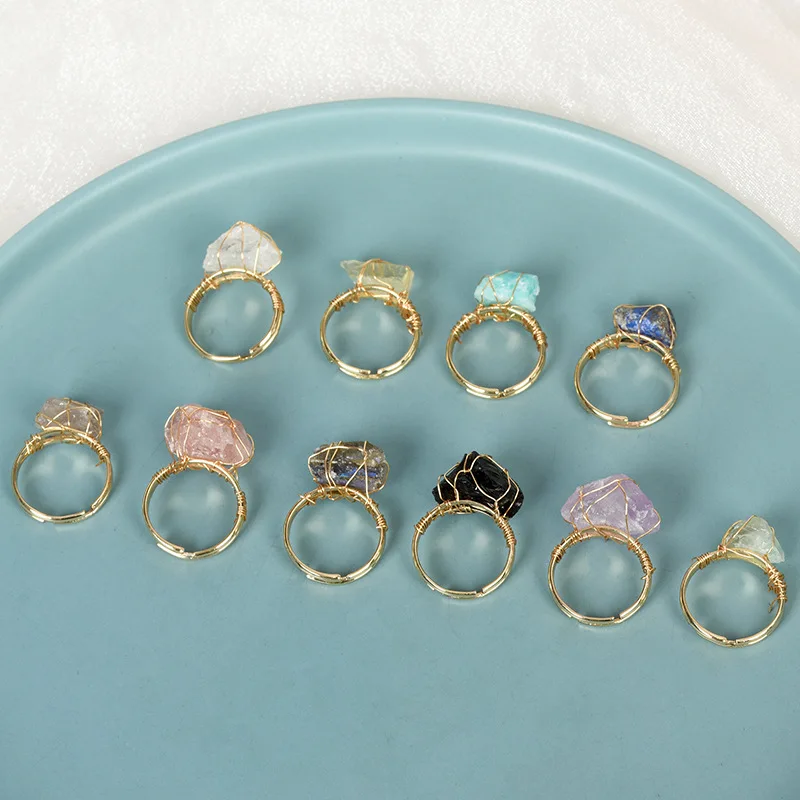 Meetvii Irregular Natural Stone Rings For Women Men Wire Wrapped Natural Quartzs Raw Stone Finger Ring Couple Resizable Rings