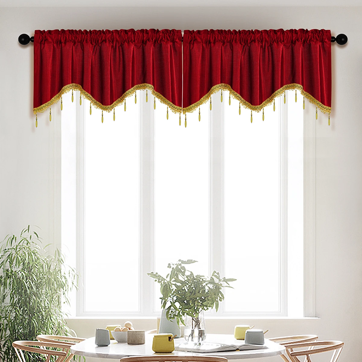 1 PC Italy Fabric S-Shaped Curtain Valance with Beads，Modern Pure Color Wave Valance for Living Room, Window and Door Decoration