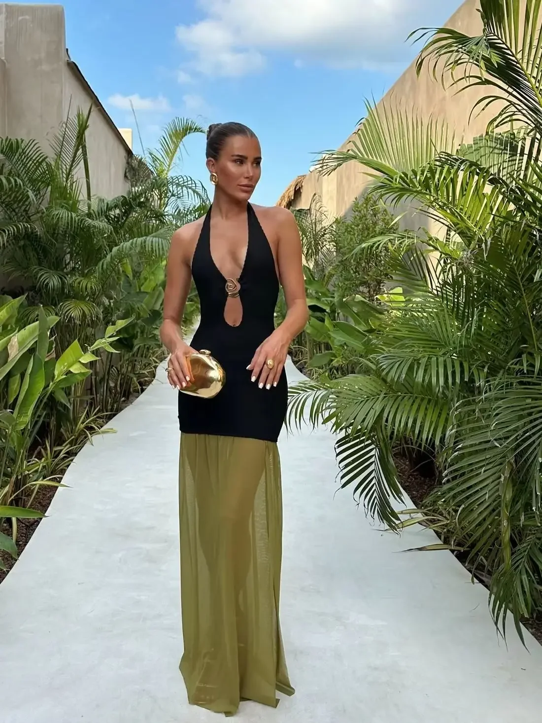 Vestido de gasa metálico con pliegues y retazos recortados para mujer, vestido informal sin mangas con cuello en V y espalda descubierta para verano