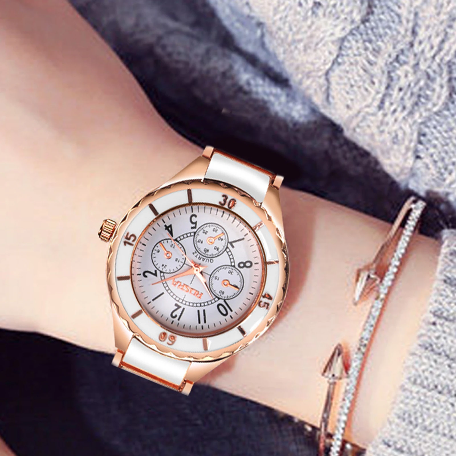 1pc Student Ceramic Watch Elegant Digital Diamond Female Bracelet Wristwatch White