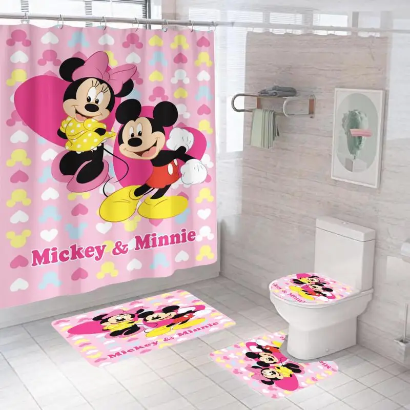 MINISO Mickey Minnie Shower Curtain Three Piece Set Disney Bathroom Printing Water Proof Shower Curtain Carpet U-Shaped Pad