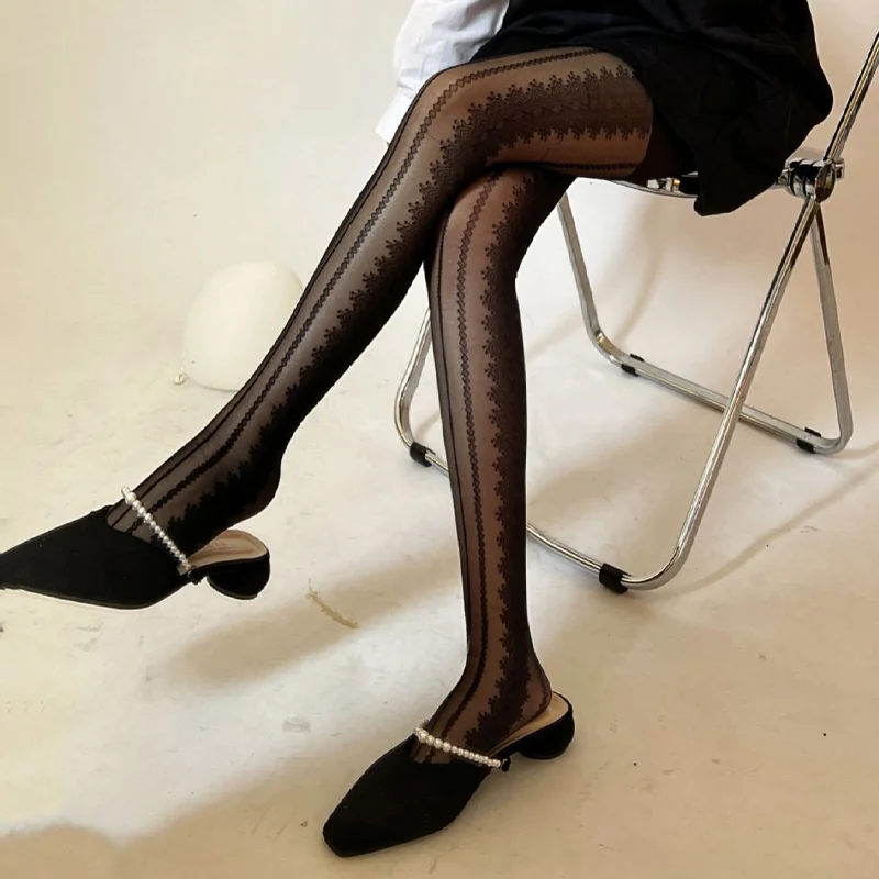 Moon Girl French Pure Desire Matte Pantyhose, Sweet Lolita Black White Side Vertical Jacquard Lace Slim Base Stockings for Girls