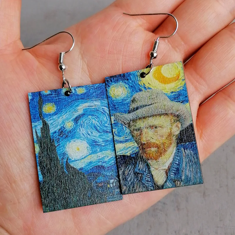 Artist's Oil Painting Starry Night Sunflower Charm Wood Earring For Women Party Gift Jewelry Pendientes серьги 2023 тренд