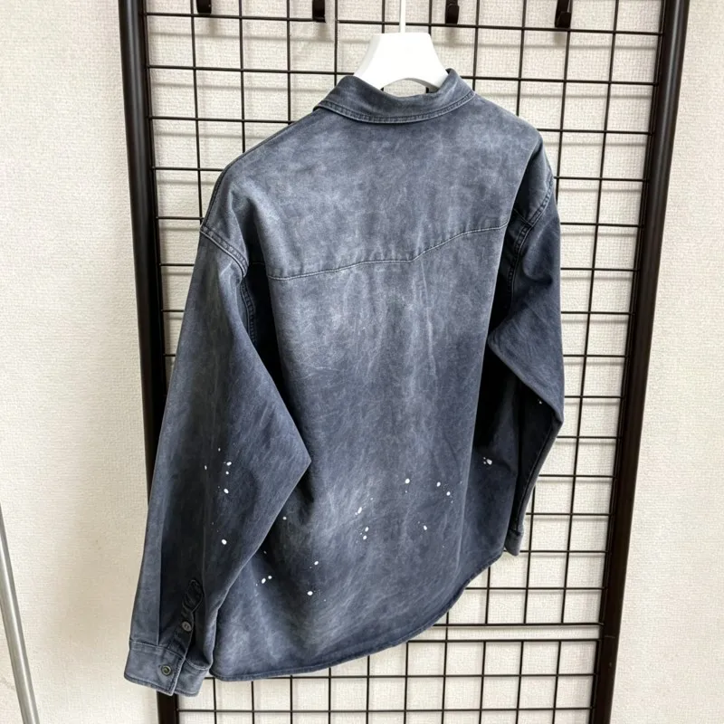 Gradual Fading Retro Washed Indigo Blue Saint Shirts Double Layered Shoulder Flip Collar Workwear Jacket Men Women Streetwear