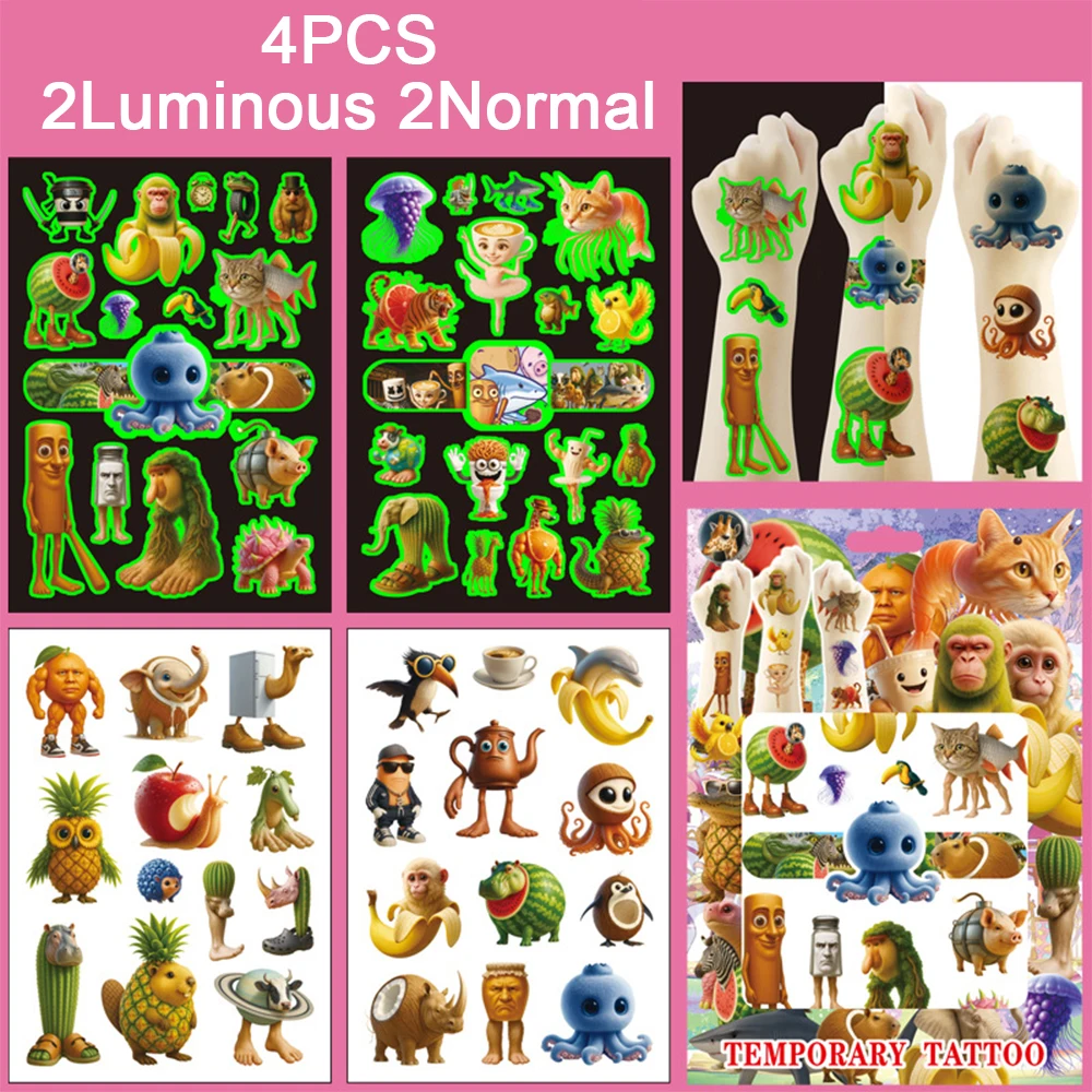 

4pcs/set Tung Tung Sahur Italian Brainrot Cartoon Tattoo Stickers Abstract Animals Waterproof Temporary Luminous Tattoos Decals