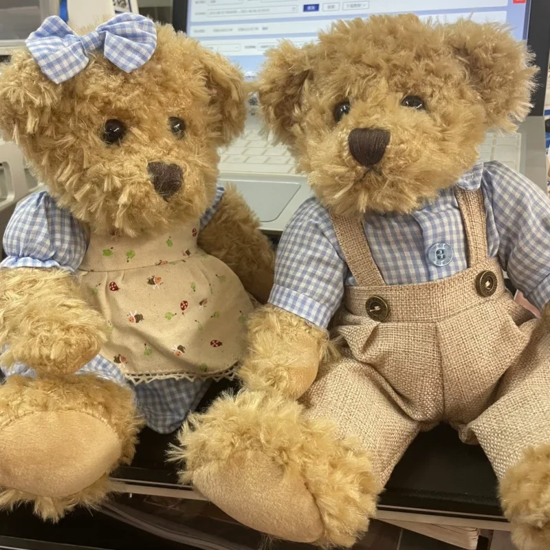 

Couple Teddy Bears Jointed Plush Toys Dressed in Red Plaid Outfits with Cherry Pattern Birthday Gift Wedding Favor For Couples