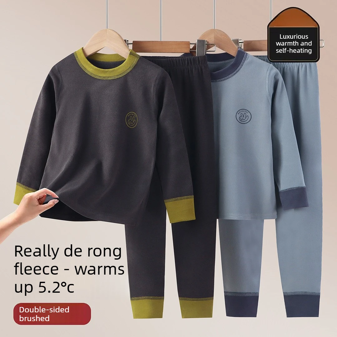 Kids Thermal Underwear Set Casual Base Layer Crew Neck Top Pants 2-Piece Boys Girls Warm Winter Ultra-soft Brushed Loungewear