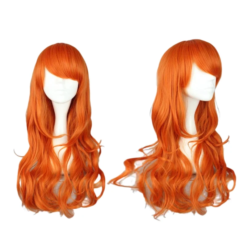 Japanische Anime-Piraten-Themen-Nami-Cosplay-Perücke für Frauen, orange, lang, gewellt, lockig, mit seitlichem Pony, hitzebeständige synthetische Perücke