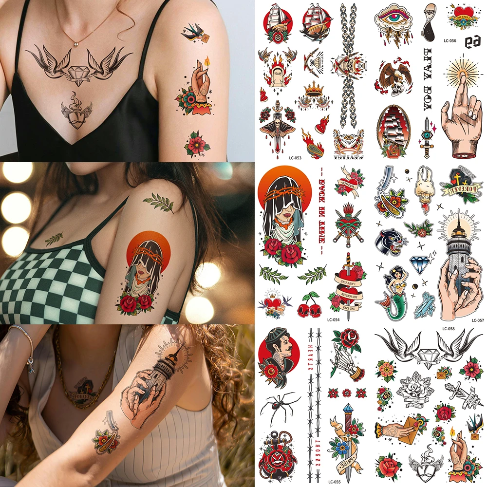 

6Sheets Waterproof Retro Temporary Tattoos Set for Women And Girls Sexy Hand Foot Arm Body Art Design Non-Toxic Body Stickers