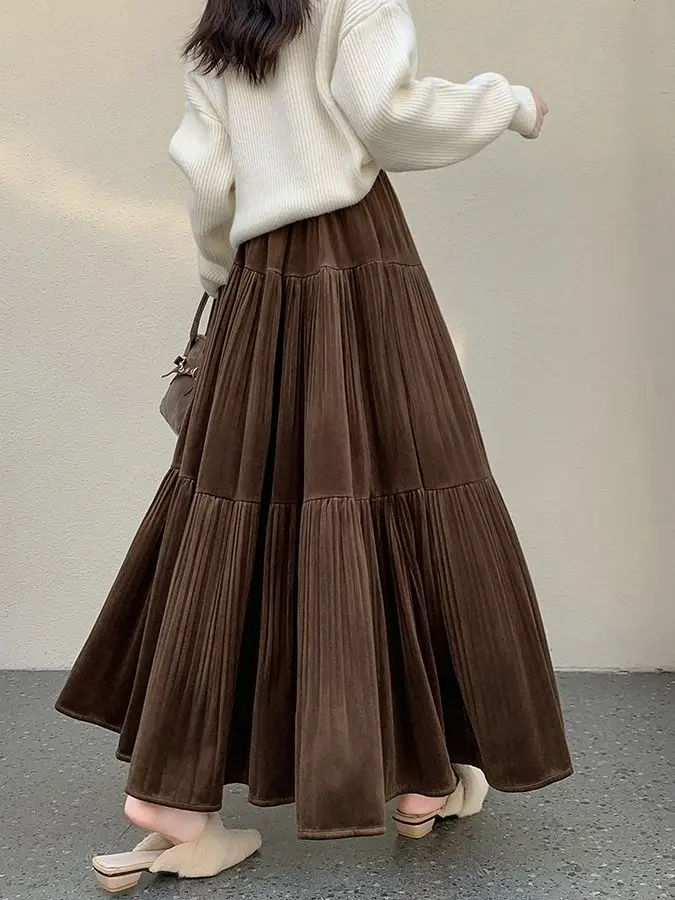 

Thickened Coffee Velvet Midi Skirt for Women Autumn Winter 2025 New High Waist Draped Pleated Skirt