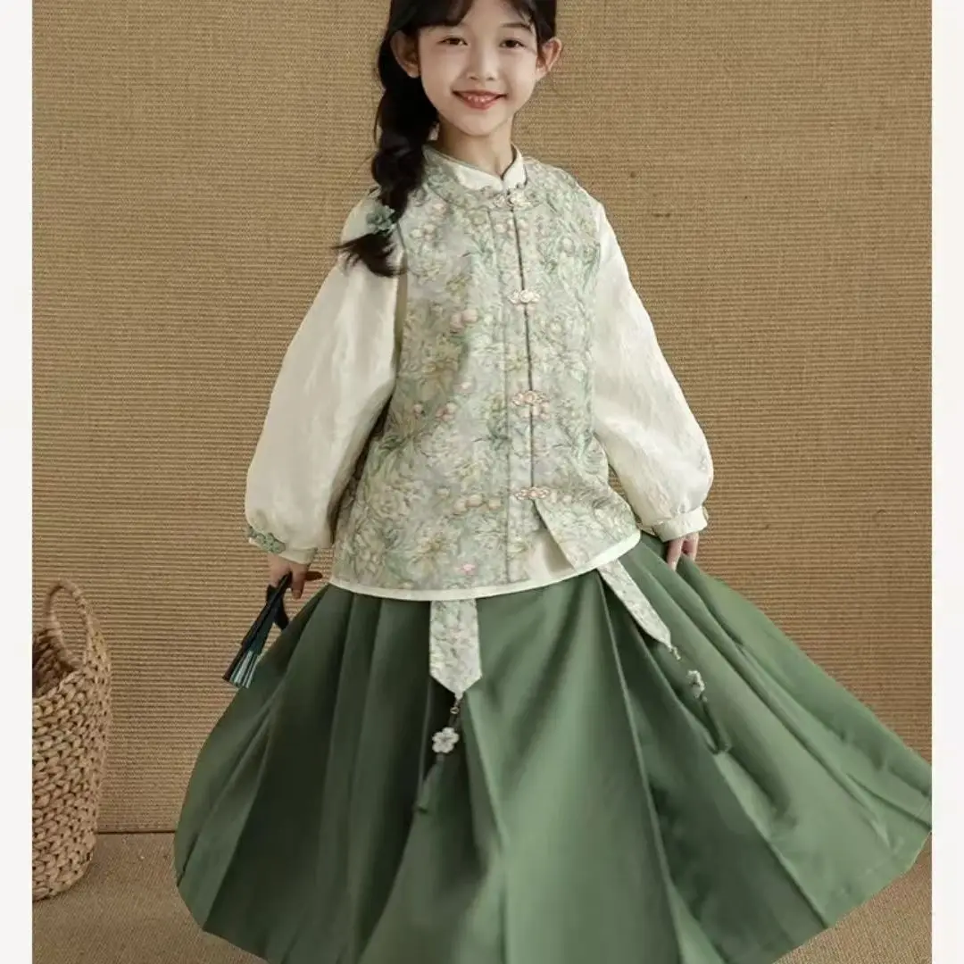Girls' Retro Chinese Style Vest Horse Face Skirt Set Spring and Autumn New Style Tang Style Western-style