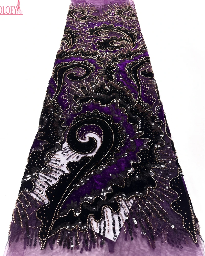 Luxury Velvet Black Beaded Lace Fabric 5 Yards High Quality 2025 Fashion Sequin African Laces for Women