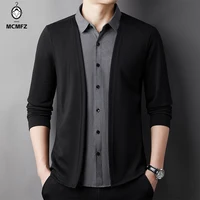Camisa informal de manga larga para hombre, cárdigan falso de dos piezas cómodo para exteriores, versión coreana, Top versátil de moda de Color sólido