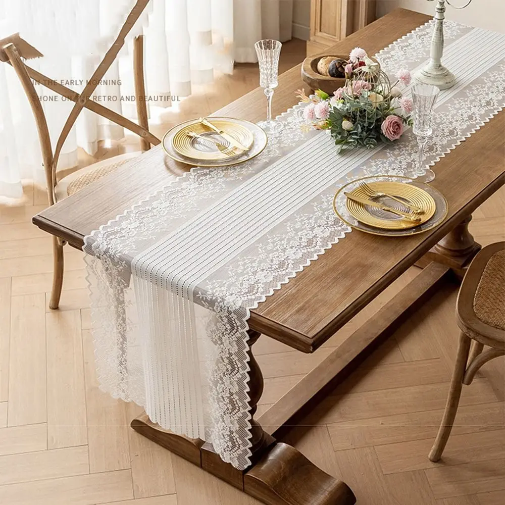 

Hollowed Out Lace Jacquard Table Runner French Romantic Semi-Sheer Embroidered Table Cover Table Ornament Elegant