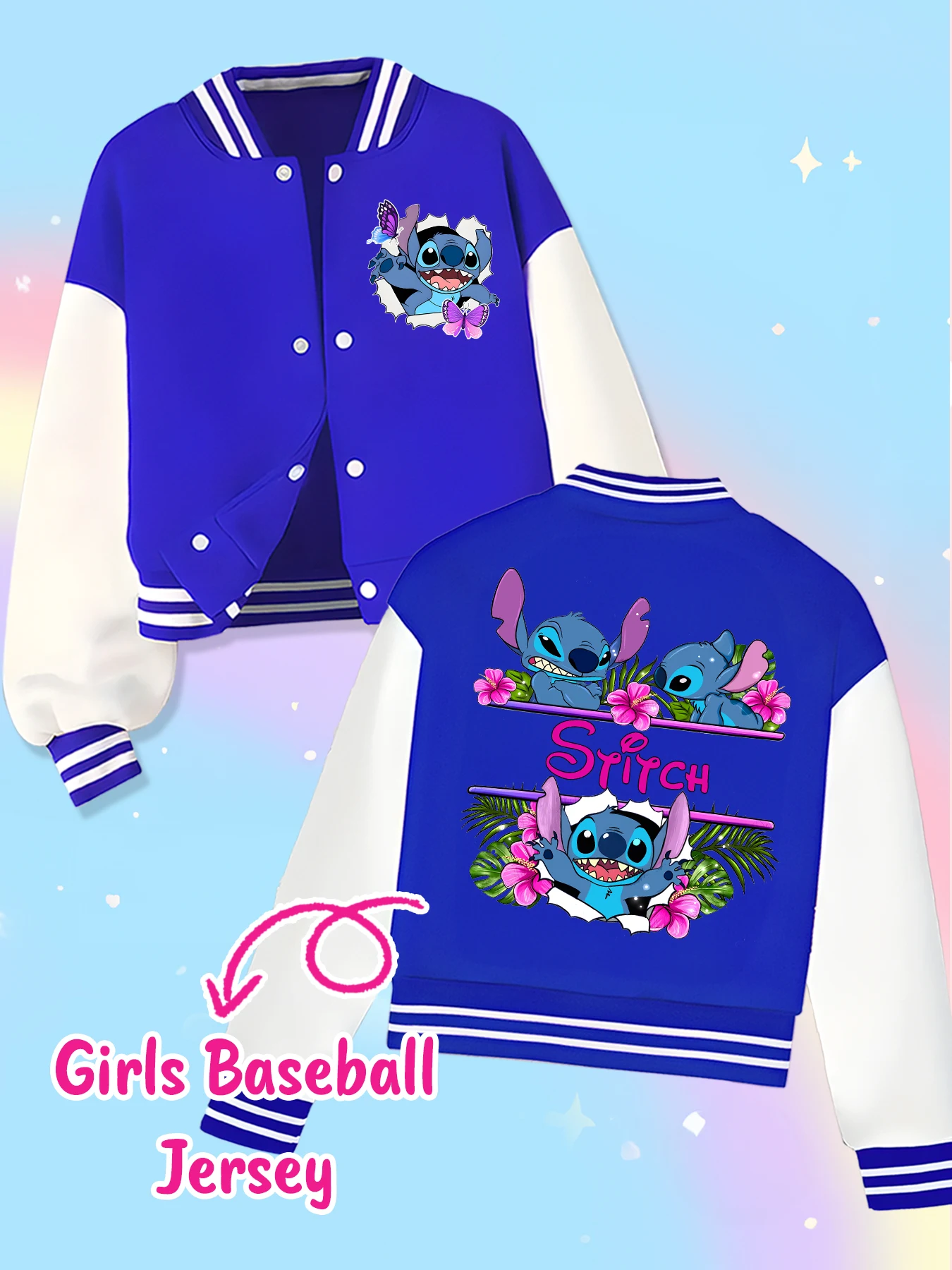 Disney fashion trend baseball jacket, suitable for daily sports and casual wear, printed with cute Stitch pattern, nice gift.